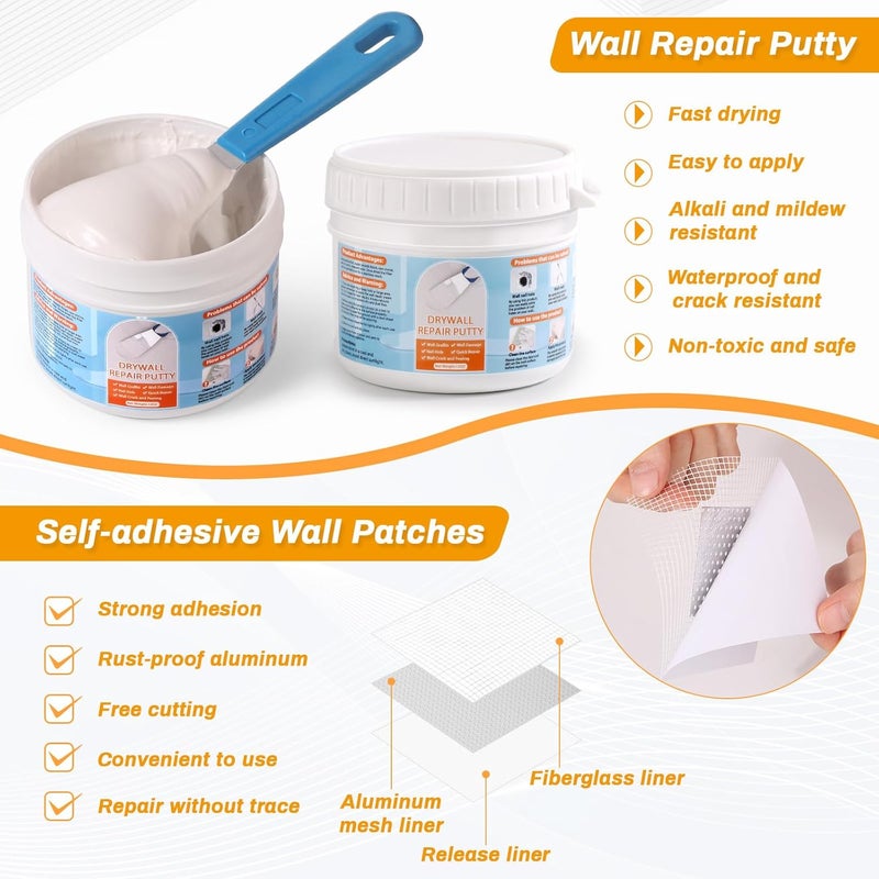 LifeisLuck Drywall Repair Kit, Wall Surface Hole Patch Repair Kits with 12OZ White Putty Hole Filler, Fix Wall Surface and Creak Damage with Scraper, Sanding Pad Fill Quick and Easy Solution - Image 4
